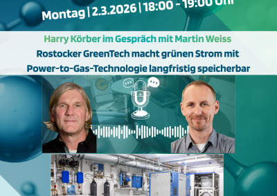 Podcast-Grafik mit CYTOK-Branding: Ankündigung für Montag, 2.3.2026, 18:00 - 19:00 Uhr. Titel: "Harry Korber im Gespräch mit Martin Weiss - Rostocker GreenTech macht grünen Strom mit Power-to-Gas-Technologie langfristig speicherbar". Porträtfotos der beiden Gesprächspartner, ein Mikrofon-Symbol mit Audio-Wellen sowie ein Bild einer CYTOK Power-to-Gas-Anlage. Hinweis: Die Anlage versorgt ein Ferien- und Freizeitgebiet in Niedersachsen mit Nahwärme und Strom. Logos von LOHRO und CYTOK hydrogen pirates sind eingebunden.