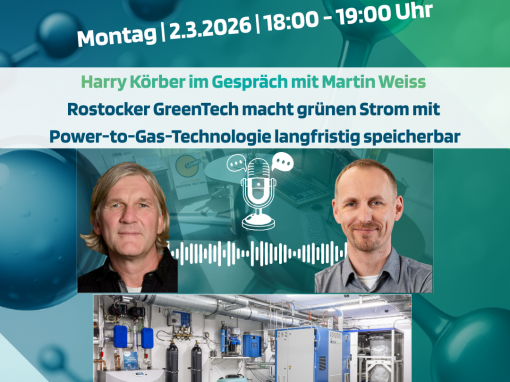 Podcast-Grafik mit CYTOK-Branding: Ankündigung für Montag, 2.3.2026, 18:00 - 19:00 Uhr. Titel: "Harry Korber im Gespräch mit Martin Weiss - Rostocker GreenTech macht grünen Strom mit Power-to-Gas-Technologie langfristig speicherbar". Porträtfotos der beiden Gesprächspartner, ein Mikrofon-Symbol mit Audio-Wellen sowie ein Bild einer CYTOK Power-to-Gas-Anlage. Hinweis: Die Anlage versorgt ein Ferien- und Freizeitgebiet in Niedersachsen mit Nahwärme und Strom. Logos von LOHRO und CYTOK hydrogen pirates sind eingebunden.