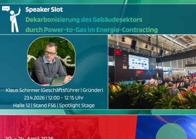 Grafik zur Hannover Messe 2026 mit CYTOK-Branding: Ankündigung eines Speaker Slots von Geschäftsführer Klaus Schirmer zum Thema „Dekarbonisierung des Gebäudesektors durch Power-to-Gas im Energie-Contracting“. Der Vortrag findet am 23.4.2026 von 12:00 bis 12:15 Uhr auf der Spotlight Stage in Halle 12, Stand F56 statt. Links ein Porträt von Klaus Schirmer, rechts ein Bild einer Bühnenpräsentation mit Publikum. Unten Hinweis auf die Hannover Messe (20.-24. April 2026) sowie der CYTOK-Stand in Halle 26, Stand B69.