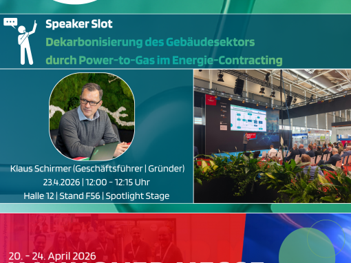 Grafik zur Hannover Messe 2026 mit CYTOK-Branding: Ankündigung eines Speaker Slots von Geschäftsführer Klaus Schirmer zum Thema „Dekarbonisierung des Gebäudesektors durch Power-to-Gas im Energie-Contracting“. Der Vortrag findet am 23.4.2026 von 12:00 bis 12:15 Uhr auf der Spotlight Stage in Halle 12, Stand F56 statt. Links ein Porträt von Klaus Schirmer, rechts ein Bild einer Bühnenpräsentation mit Publikum. Unten Hinweis auf die Hannover Messe (20.-24. April 2026) sowie der CYTOK-Stand in Halle 26, Stand B69.