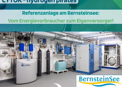 Infografik zur Power-to-Gas-Referenzanlage von CYTOK am Bernsteinsee mit den Vorteilen einer unabhängigen und langfristig stabilen Energieversorgung.