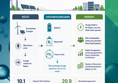 Infografik zur regionalen Wertschöpfung durch Energiespeicher, Wasserstoff und Power-to-Gas. Sie zeigt, wie überschüssige Energie vor Ort gespeichert und wirtschaftlich in der Region genutzt werden kann.
