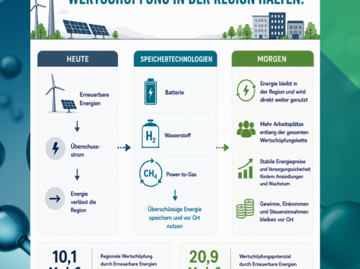 Infografik zur regionalen Wertschöpfung durch Energiespeicher, Wasserstoff und Power-to-Gas. Sie zeigt, wie überschüssige Energie vor Ort gespeichert und wirtschaftlich in der Region genutzt werden kann