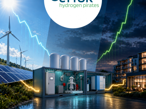 Visualisierung einer modularen Power-to-Gas-Containeranlage von CYTOK zwischen Photovoltaik, Windenergie und einem modernen Wohnquartier. Die Grafik verdeutlicht die Speicherung erneuerbarer Energie und steigende Wirtschaftlichkeit durch flexible Energieversorgung.