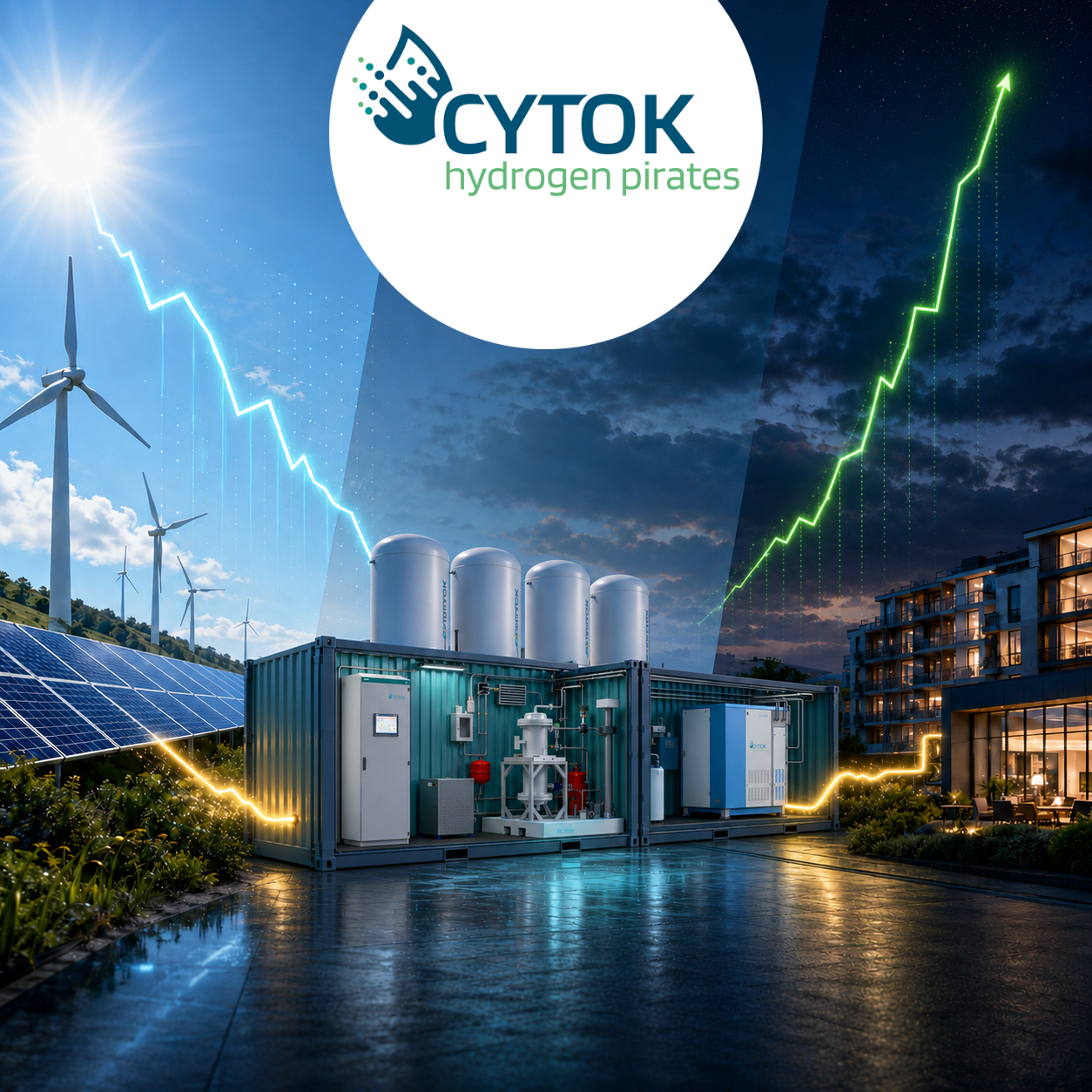 Power-to-Gas-Containerlösung für wirtschaftliche Langzeitspeicherung erneuerbarer Energie Visualisierung einer modularen Power-to-Gas-Containeranlage von CYTOK zwischen Photovoltaik, Windenergie und einem modernen Wohnquartier. Die Grafik verdeutlicht die Speicherung erneuerbarer Energie und steigende Wirtschaftlichkeit durch flexible Energieversorgung.