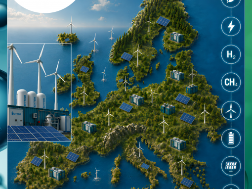 Illustration einer Europakarte mit Windkraft-, Photovoltaik- und Power-to-Gas-Anlagen. Die Grafik zeigt dezentrale Energieversorgung und Langzeitspeicherung erneuerbarer Energien mit der Technologie von CYTOK.