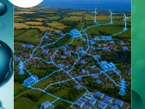Visualisierung einer vernetzten Region mit Windkraft, Photovoltaik, Gewerbe, Wohngebieten und Energiespeichern. Energy Sharing verbindet lokale Erzeuger und Verbraucher und ermöglicht die gemeinsame Nutzung erneuerbarer Energie.