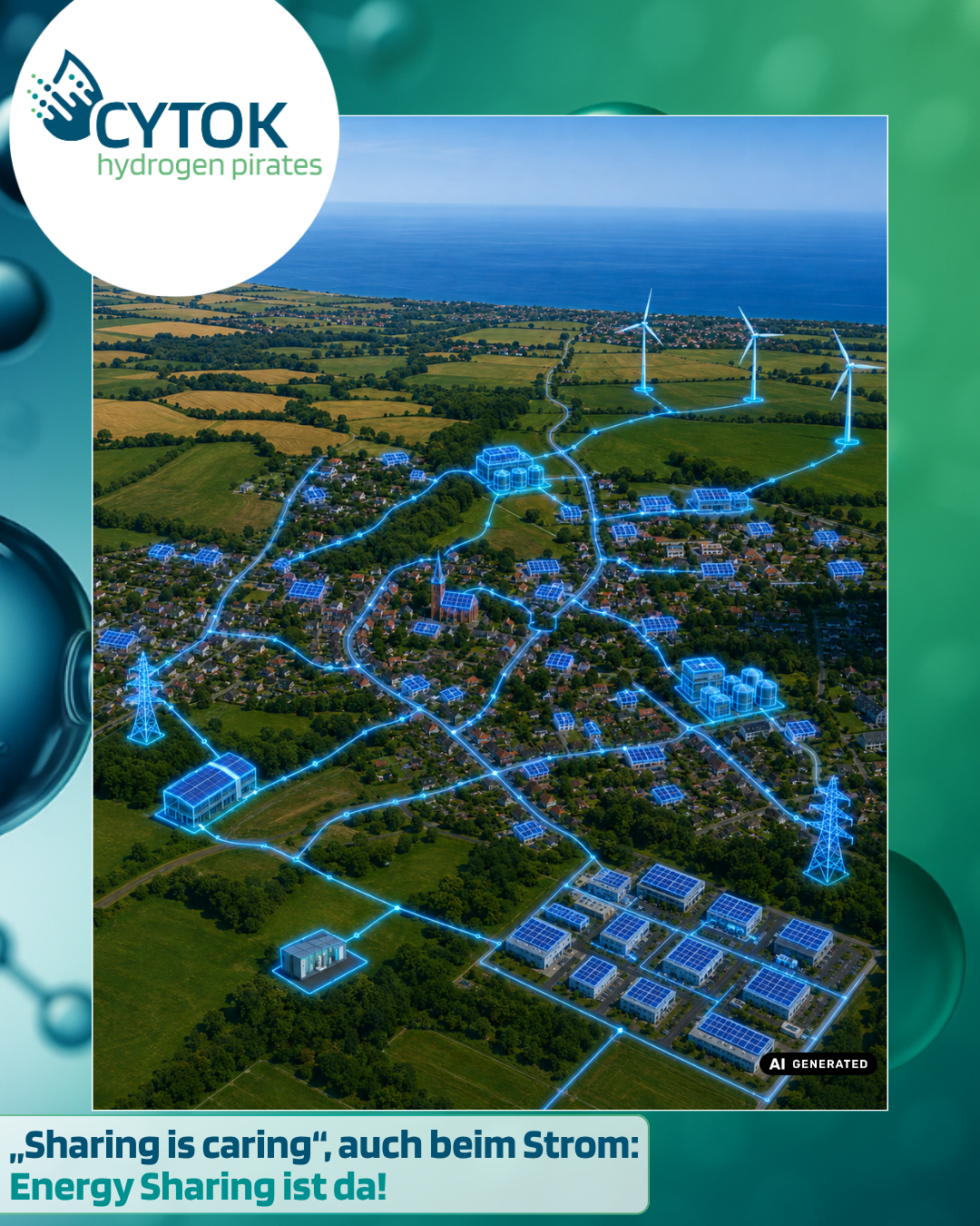 Visualisierung einer vernetzten Region mit Windkraft, Photovoltaik, Gewerbe, Wohngebieten und Energiespeichern. Energy Sharing verbindet lokale Erzeuger und Verbraucher und ermöglicht die gemeinsame Nutzung erneuerbarer Energie.